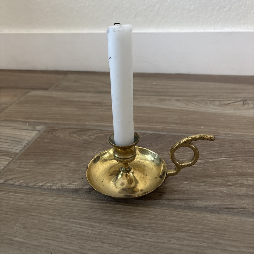 Brass Light Weight Taper Candle Holder with‎ Handle, Drip Plate 8" Candle